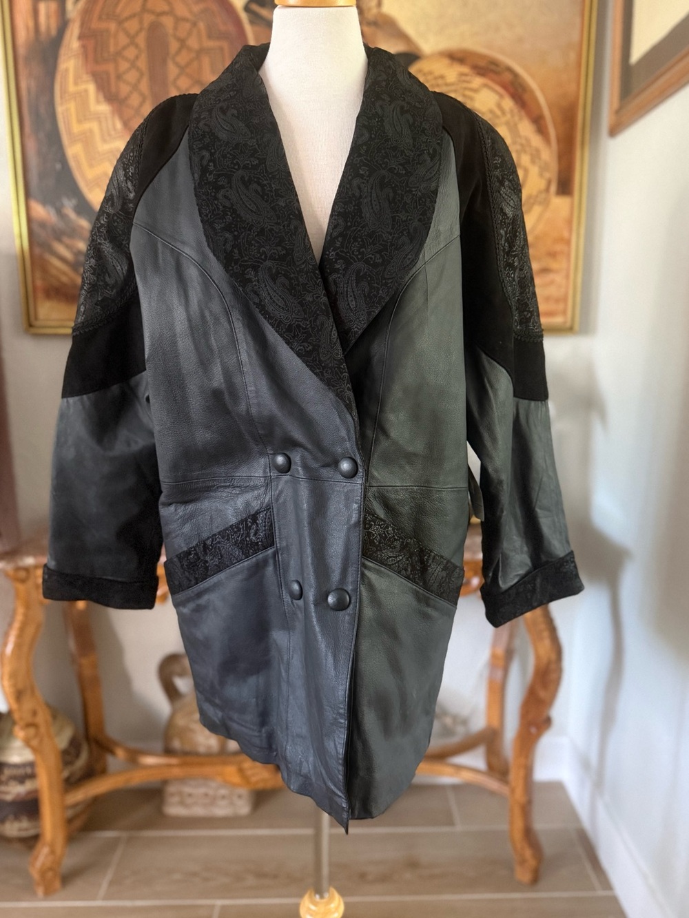 NWT Vintage Liz Baker Essentials Leather Paisley Double Breasted Jacket